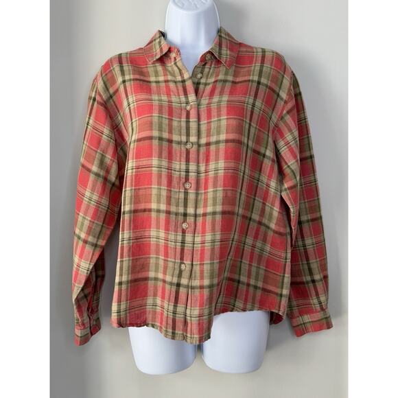 Napa Valley Tops - Vintage Napa Valley Womens Linen Cotton Top Petite S Red Plaid Roll Tab Sleeve